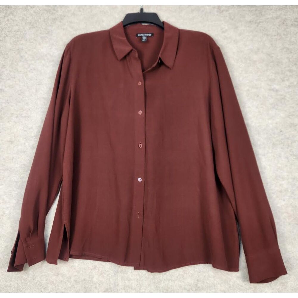Eileen Fisher 100% Silk Burgundy-Rust Blouse Size S Easy Fit Minimalist
